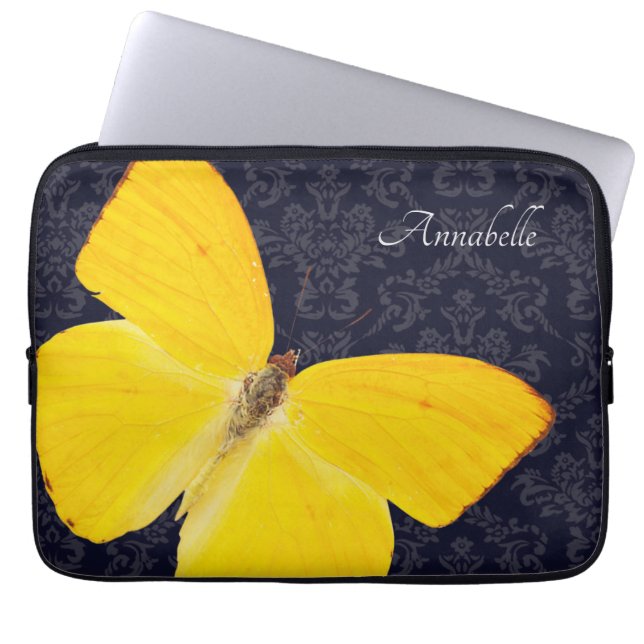 Elegant Yellow Butterfly Black Damask voeg naam to Laptop Sleeve (Voorkant)