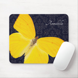 Elegant Yellow Butterfly Black Damask voeg naam to Muismat