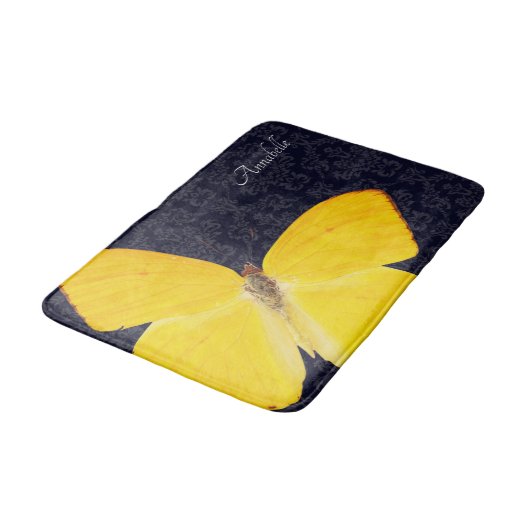 Elegant Yellow Butterfly Black Damask voeg naamtas Badmat (Gekanteld)