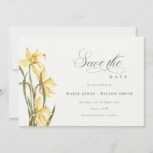Elegant Yellow Daffodil Floral Save the Date Kaart (Voorkant)