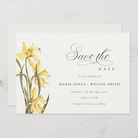 Elegant Yellow Daffodil Floral Save the Date Kaart (Voorkant / Achterkant)