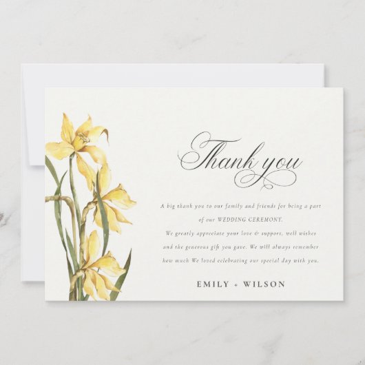 Elegant Yellow Daffodil Floral Waterverf Wedding Bedankkaart (Voorkant)