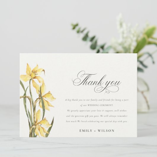 Elegant Yellow Daffodil Floral Waterverf Wedding Bedankkaart (Staand voorkant)