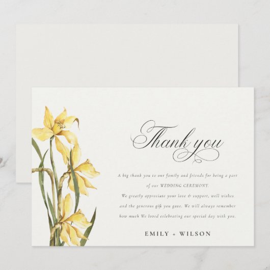 Elegant Yellow Daffodil Floral Waterverf Wedding Bedankkaart (Voorkant / Achterkant)