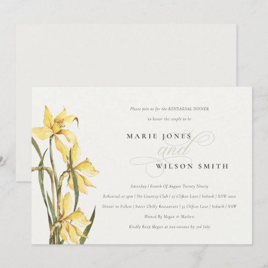 Elegant Yellow Daffodil Rehearsal Dinner Invite Bedankkaart (Voorkant / Achterkant)