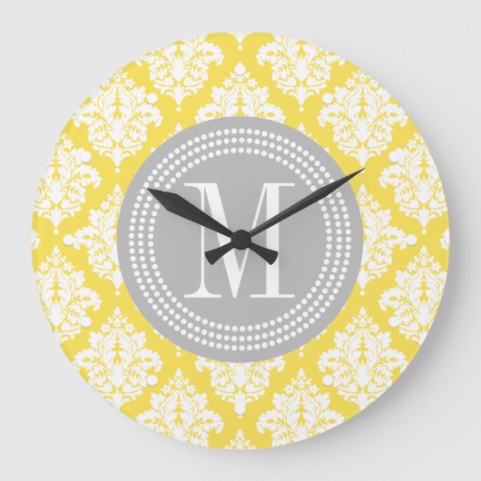 Elegant Yellow Damask gepersonaliseerd Grote Klok (Voorkant)