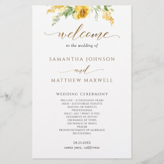 Elegant Yellow en Ochre Floral Wedding Programme (Voorkant)