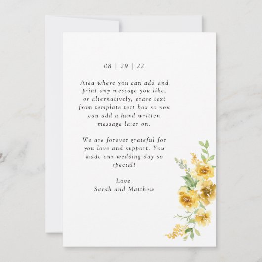 Elegant Yellow Floral, foto-bruiloft Bedankkaart (Achterkant)