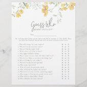 Elegant Yellow Floral 'Guess Who' Baby Shower Game Flyer (Voorkant)