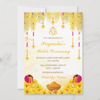 Elegant Yellow Floral Haldi Ceremony Invitation Kaart