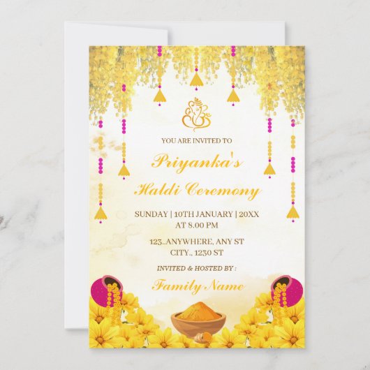 Elegant Yellow Floral Haldi Ceremony Invitation Kaart (Voorkant)