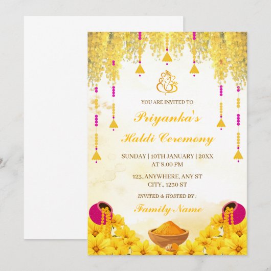 Elegant Yellow Floral Haldi Ceremony Invitation Kaart (Voorkant / Achterkant)