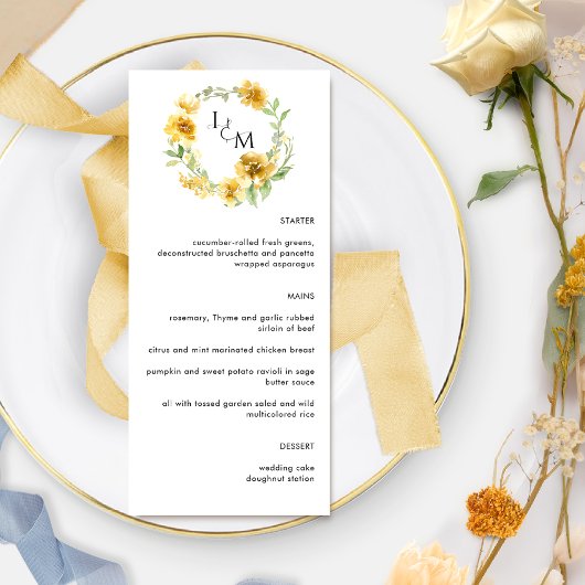 Elegant Yellow Floral Monogram Weddenschap Menu