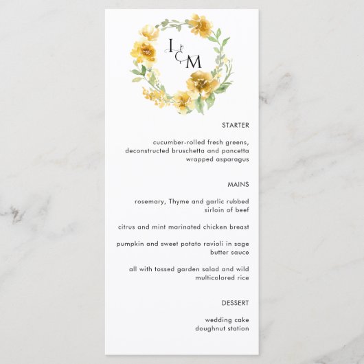 Elegant Yellow Floral Monogram Weddenschap Menu (Voorkant)