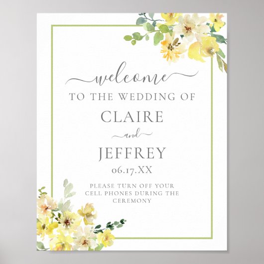 Elegant Yellow Floral Sage Green Summer Wedding Poster (Voorkant)