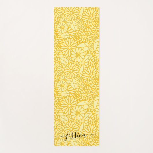 Elegant yellow floral script name yoga mat (Voorkant)