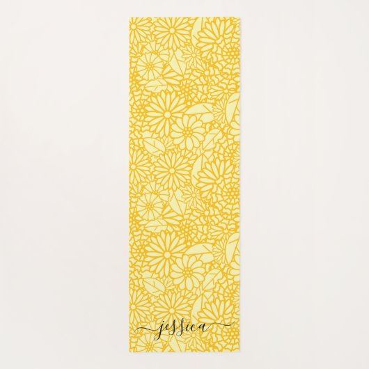 Elegant yellow floral script name yoga mat (Achterkant)