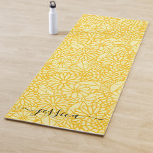 Elegant yellow floral script name yoga mat