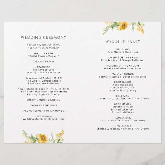 Elegant Yellow Floral Wedding Ceremony Programme (Achterkant)