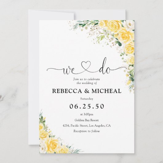 Elegant Yellow Floral Wedding Invitation Kaart (Voorkant)