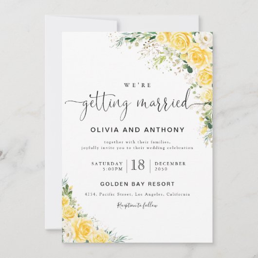 Elegant Yellow Floral Wedding Invitation Kaart (Voorkant)