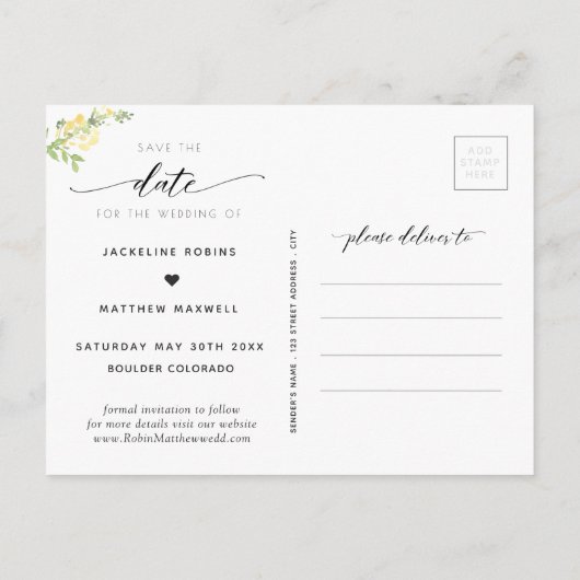 Elegant Yellow Floral Wedding Save the Date Briefkaart (Achterkant)