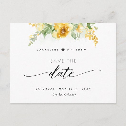 Elegant Yellow Floral Wedding Save the Date Briefkaart (Voorkant)