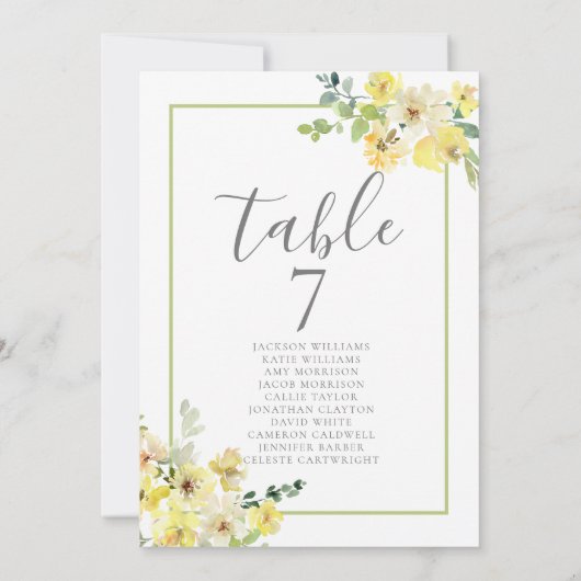 Elegant Yellow Floral Wedding Seating Chart Kaart (Achterkant)