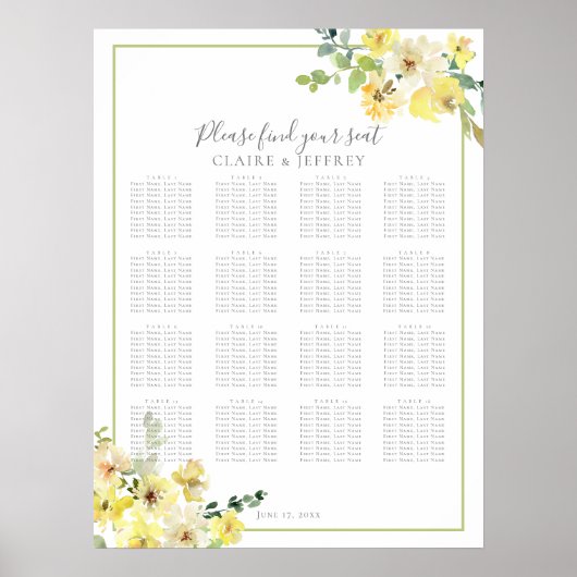 Elegant Yellow Floral Wedding Seating Chart Poster (Voorkant)