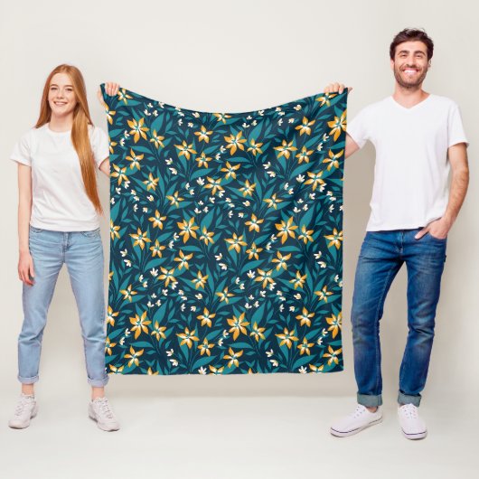 Elegant Yellow Flower Pattern in Dark Green Leaves Fleece Deken (In situ)