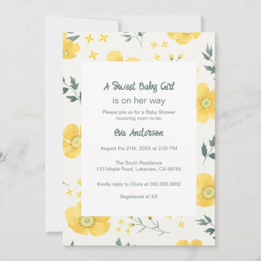 Elegant Yellow Flowers Baby shower Invitation Kaart (Voorkant)