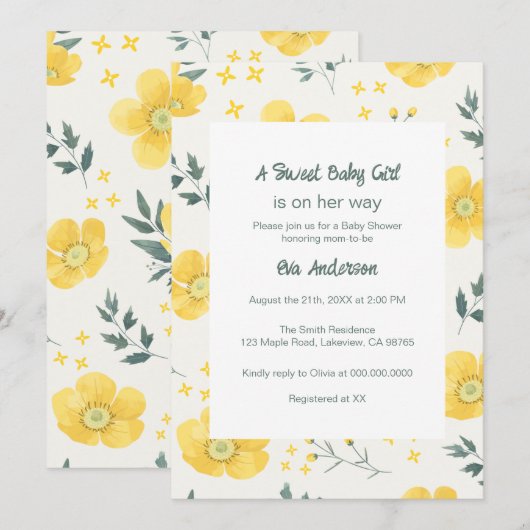 Elegant Yellow Flowers Baby shower Invitation Kaart (Voorkant / Achterkant)