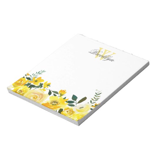 Elegant Yellow Garden Floral Monogramed Notitieblok (Linkerzijde)