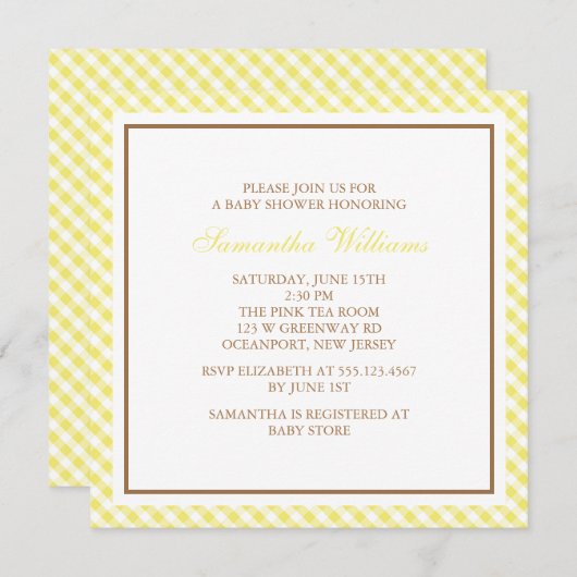 Elegant Yellow Gingham Pattern Baby shower Kaart (Voorkant / Achterkant)