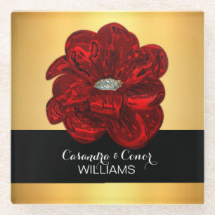 Elegant Yellow Gold & Black Red Flower Wedding Glazen Onderzetter