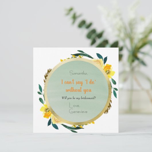 Elegant Yellow Gold Floral Bridesmaid-voorstel Kaart (Staand voorkant)
