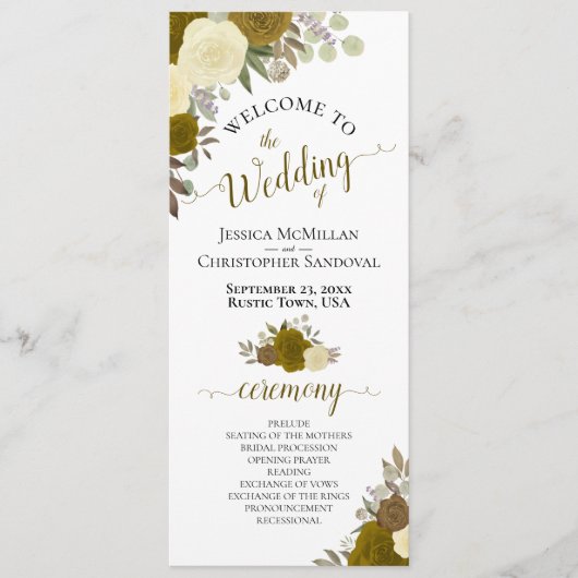 Elegant Yellow & Gold Waterverf Floral Wedding Programmakaart (Voorkant)