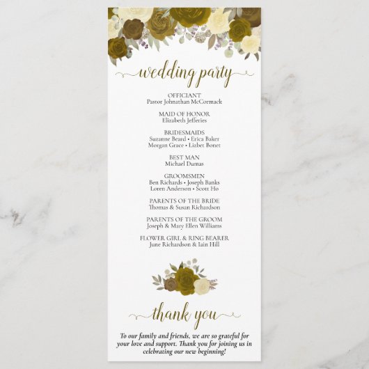 Elegant Yellow & Gold Waterverf Floral Wedding Programmakaart (Achterkant)