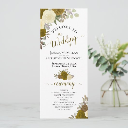 Elegant Yellow & Gold Waterverf Floral Wedding Programmakaart (Staand voorkant)