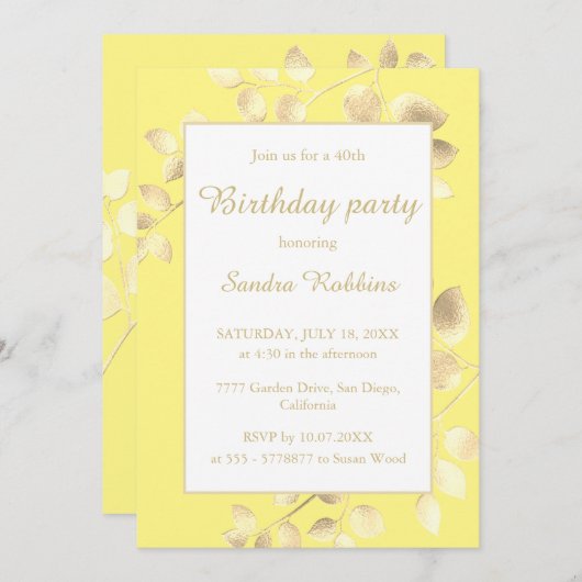 Elegant yellow gouden bladeren verjaardagsdaguitno kaart (Voorkant / Achterkant)