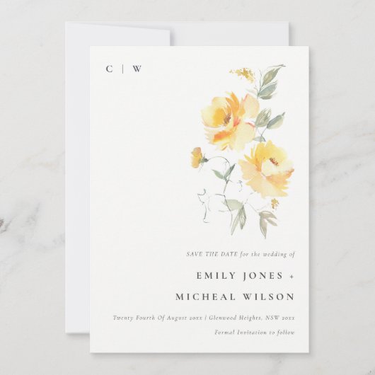 Elegant Yellow Green Waterverf Roos Flower Bunch Save The Date (Voorkant)