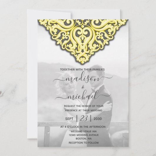 Elegant Yellow Grey Damask Wedding Kaart (Voorkant)
