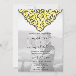 Elegant Yellow Grey Damask Wedding Kaart