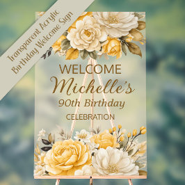 Elegant Yellow Ivory Cream Floral 90th Birthday Acryl Bord
