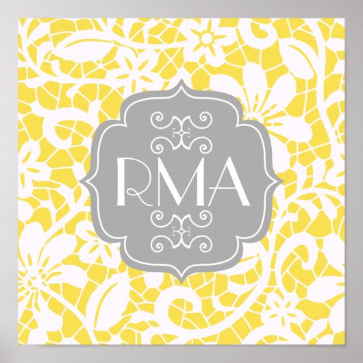 Elegant Yellow  Lace Gepersonaliseerd Monogram Poster (Voorkant)