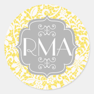 Elegant Yellow Lace Gepersonaliseerd Monogram Ronde Sticker