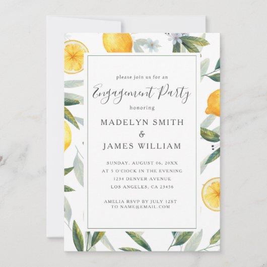 Elegant Yellow Lemons Verlovingsfeest Uitnodiging (Voorkant)