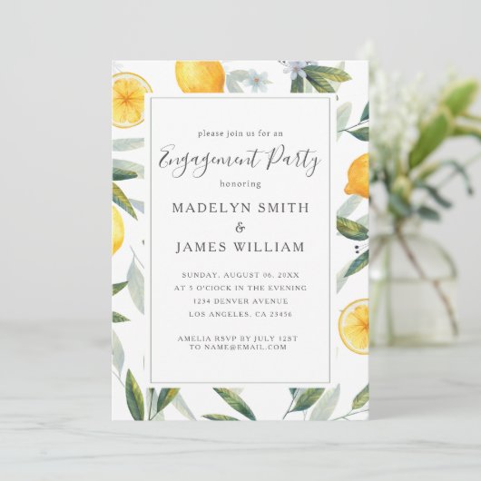 Elegant Yellow Lemons Verlovingsfeest Uitnodiging (Staand voorkant)