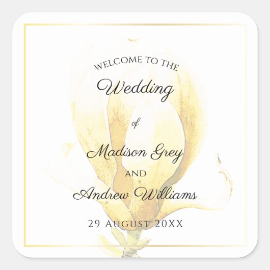 Elegant Yellow Magnolia Wedding Vierkante Sticker (Voorkant)