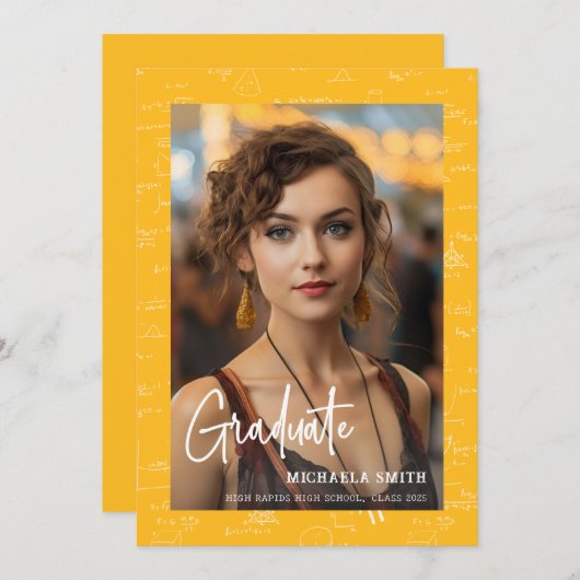 Elegant Yellow Math Script Photo Graduate  Aankondiging (Voorkant / Achterkant)